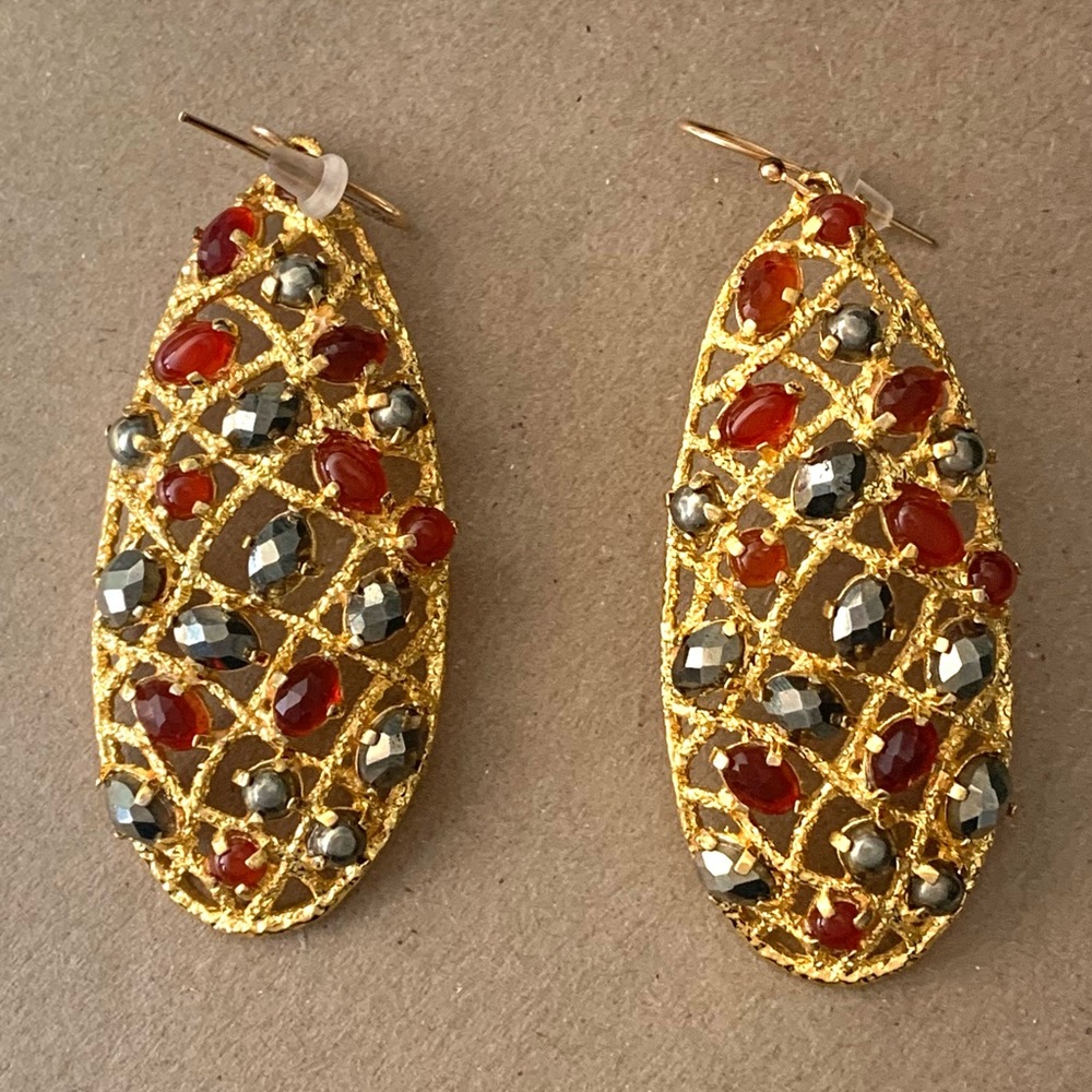 ALEXIS BITTAR• Miss Havisham Siyabona Red Orange Gemstone Gold Lattice Earrings